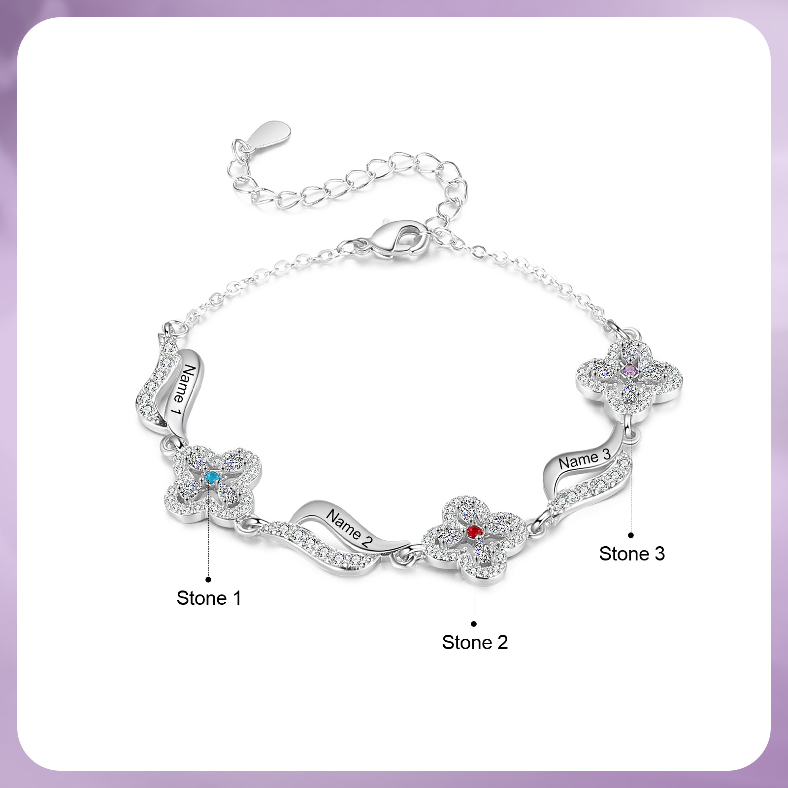 Bracelet Fleurs 3 Prénoms Personnalisés avec 3 Pierres de Naissance pour Femme | Jessemade