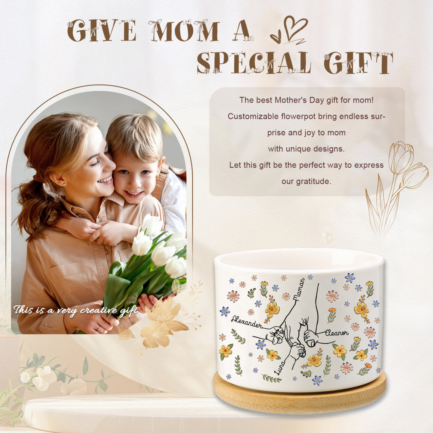 Vase/Pot de Fleurs la main dans la main 4 Prénoms Personnalisés Décoration de la Maison (sans plantes)