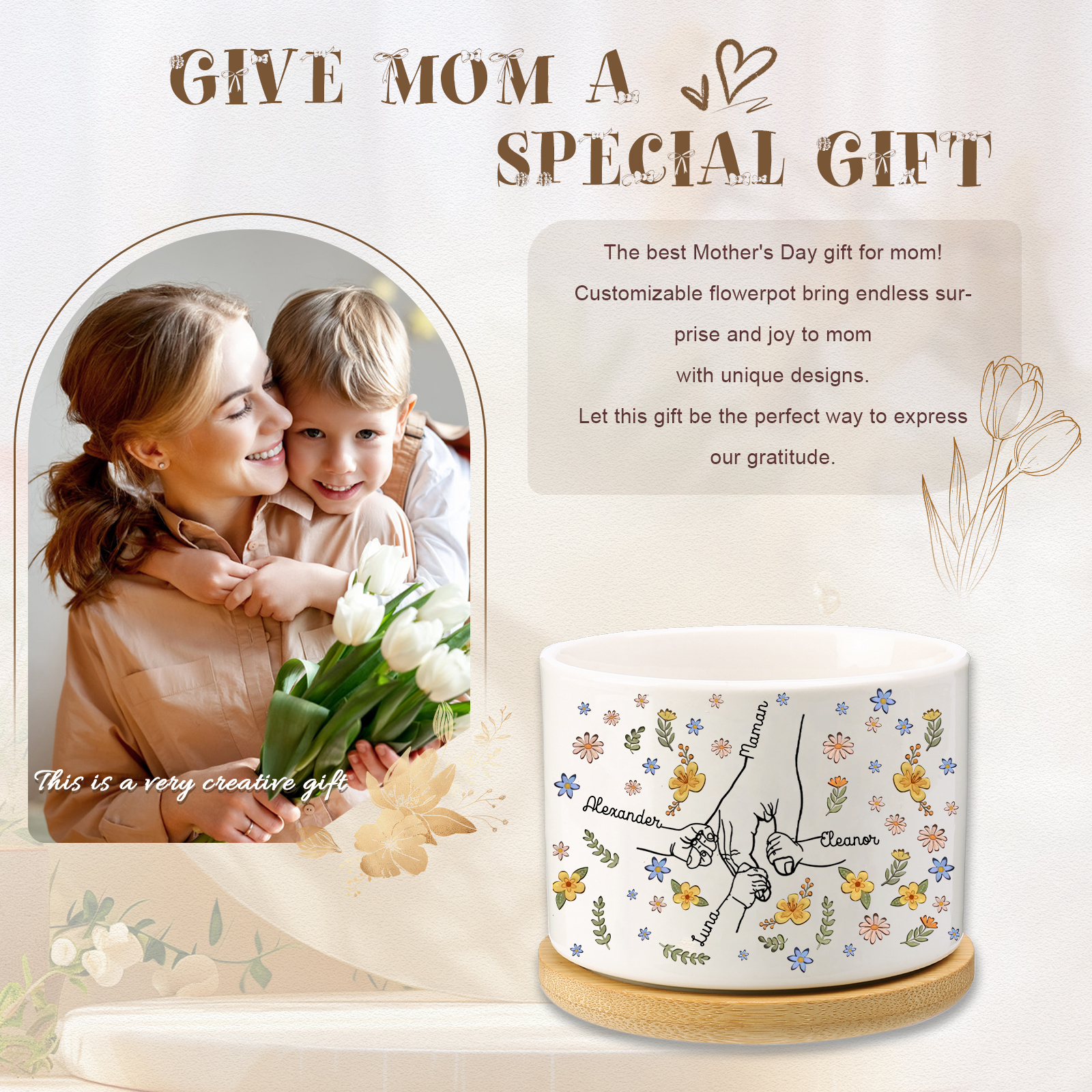 Vase/Pot de Fleurs la main dans la main 4 Prénoms Personnalisés Décoration de la Maison (sans plantes)