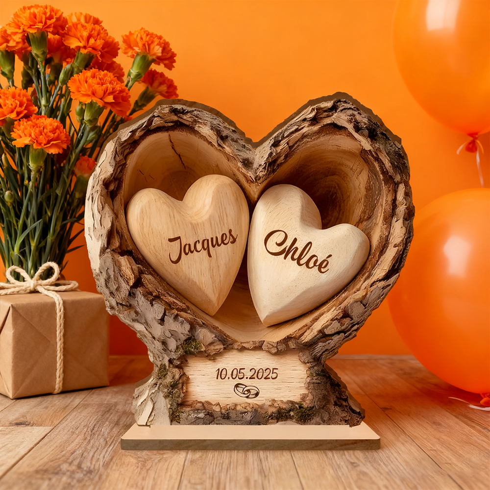 Plaque en Bois Personnalisé Tronc en Cœur avec Base Stable pour Couple