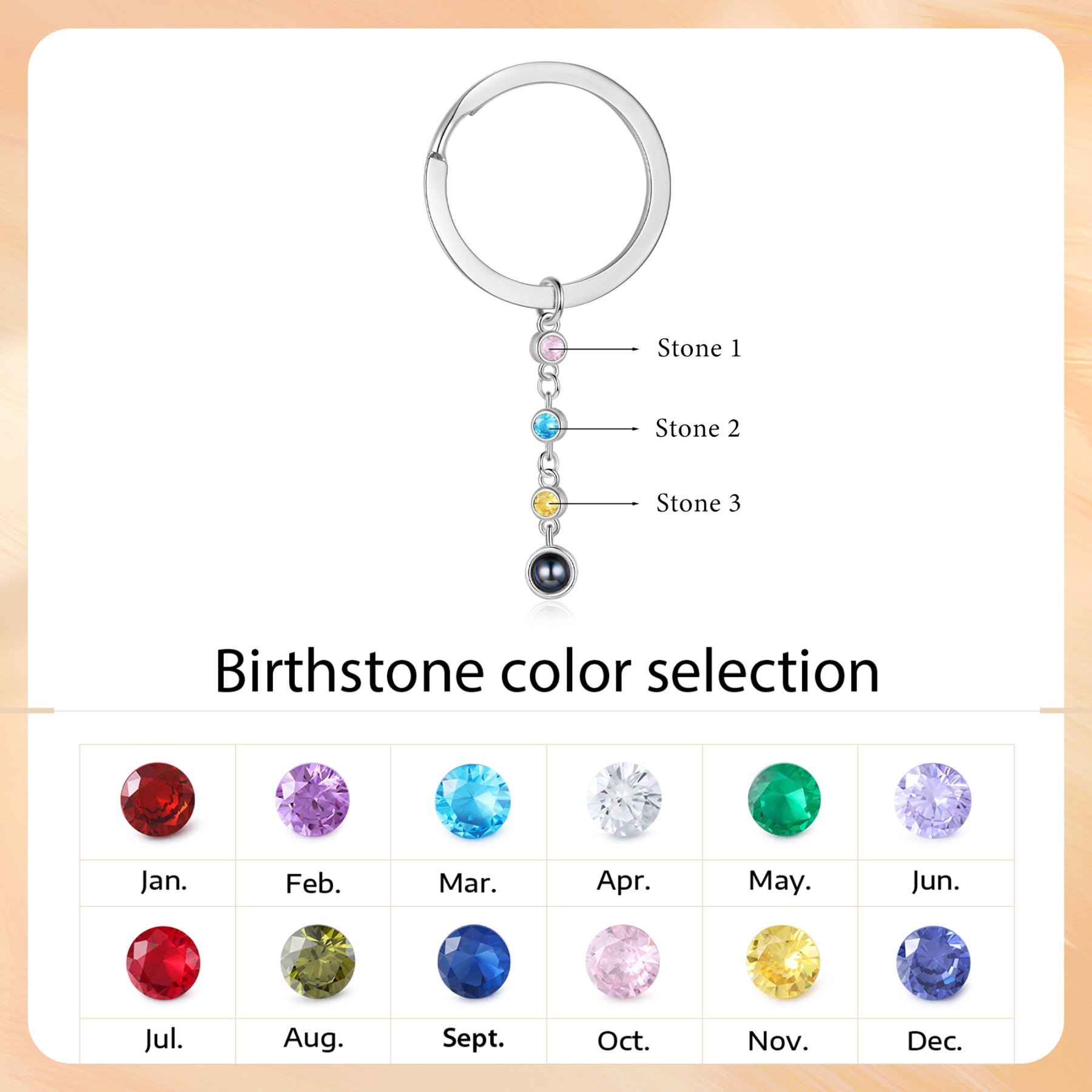 Porte-Clés de Projection Photo Personnalisée 3 Pierres de Naissance