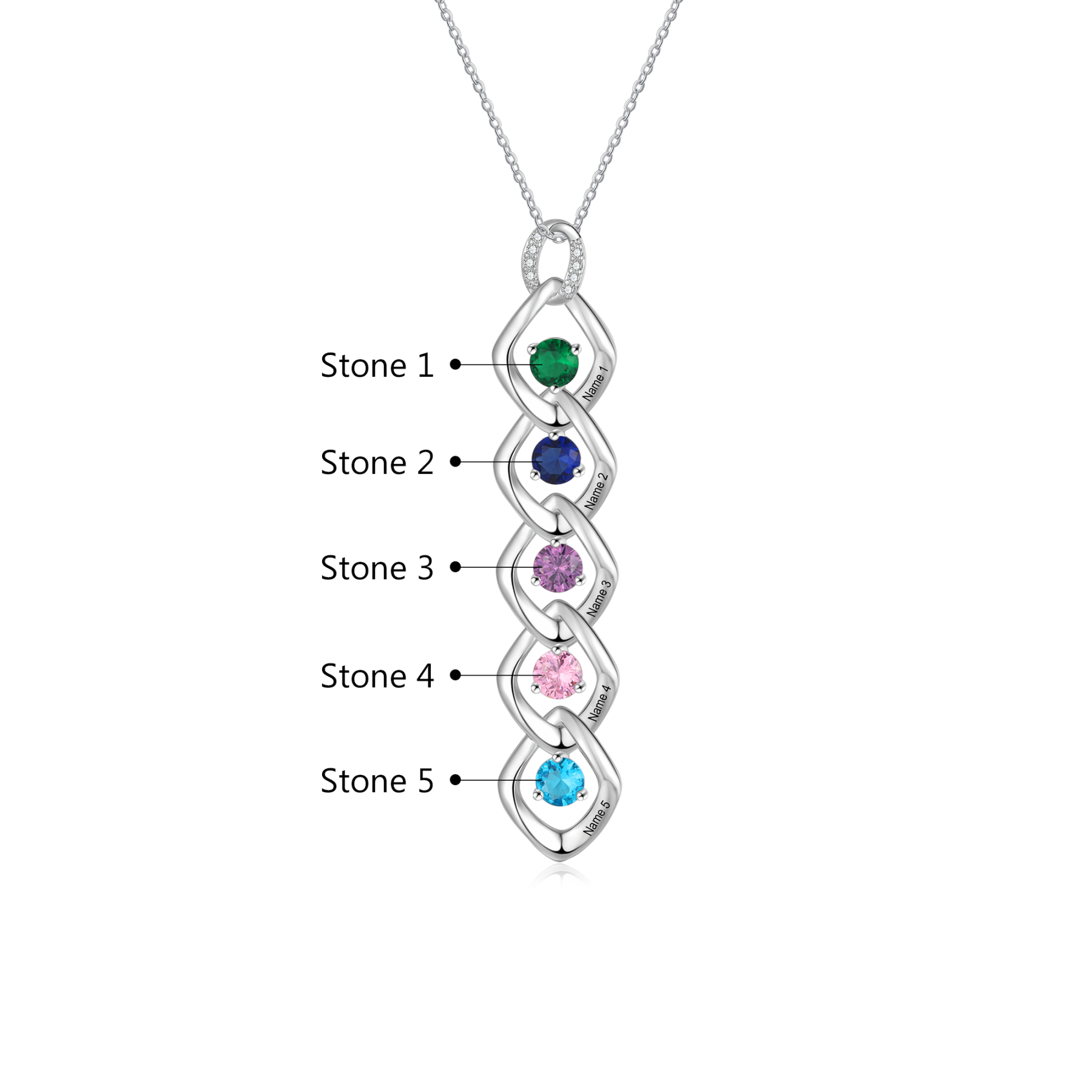 Collier Pendentif 5 Prénoms Personnalisés avec Pierre de naissance pour Femmes