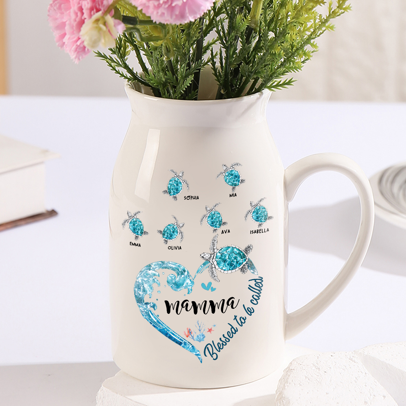Vase à Fleurs Tortue de Mer 6 Prénoms Personnalisés avec 1 Texte Décoration de la Maison