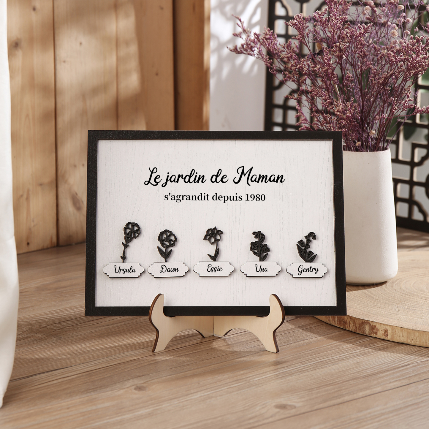 À ma Maman - Décoration en bois Fleurs 5 Prénoms Personnalisés avec Fleurs de naissance Ornement pour Famille