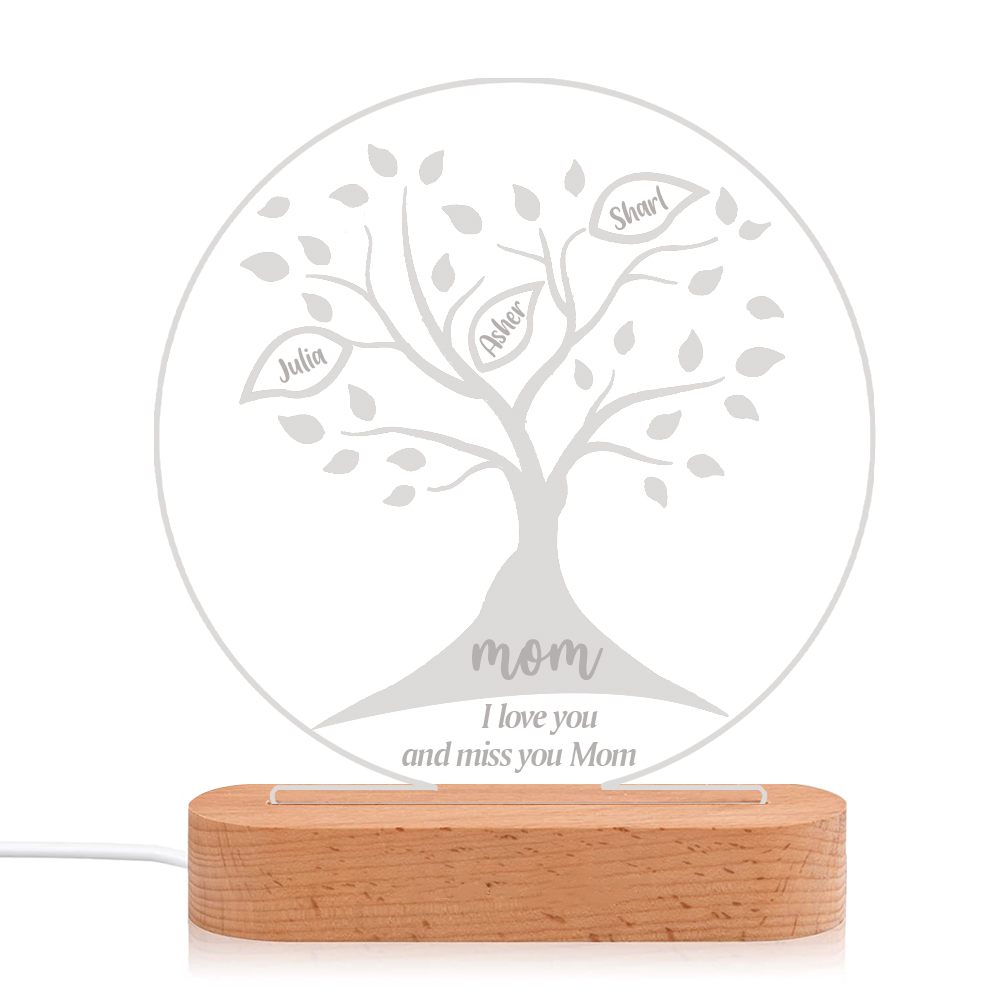 Lampe de chevet LED Arbre de vie Arbre généalogique 3 prénoms personnalisés avec 2 textes