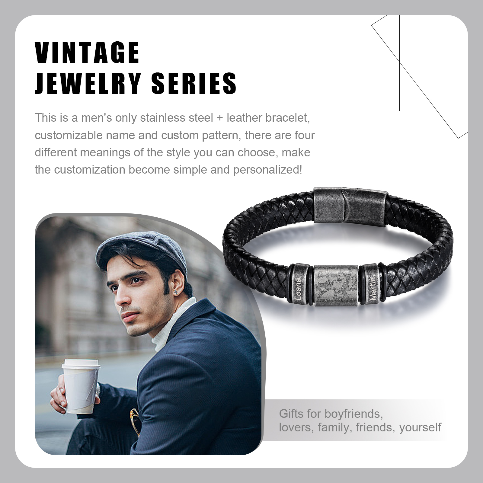 Bracelet Photo Personnalisé avec 2 Prénoms gravés pour Homme｜Jessemade