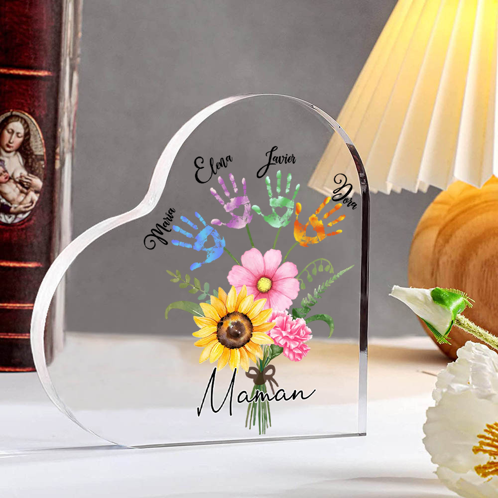 À ma Maman - Plaque Acrylique en Forme de Cœur fleurs 4 Prénoms Personnalisés