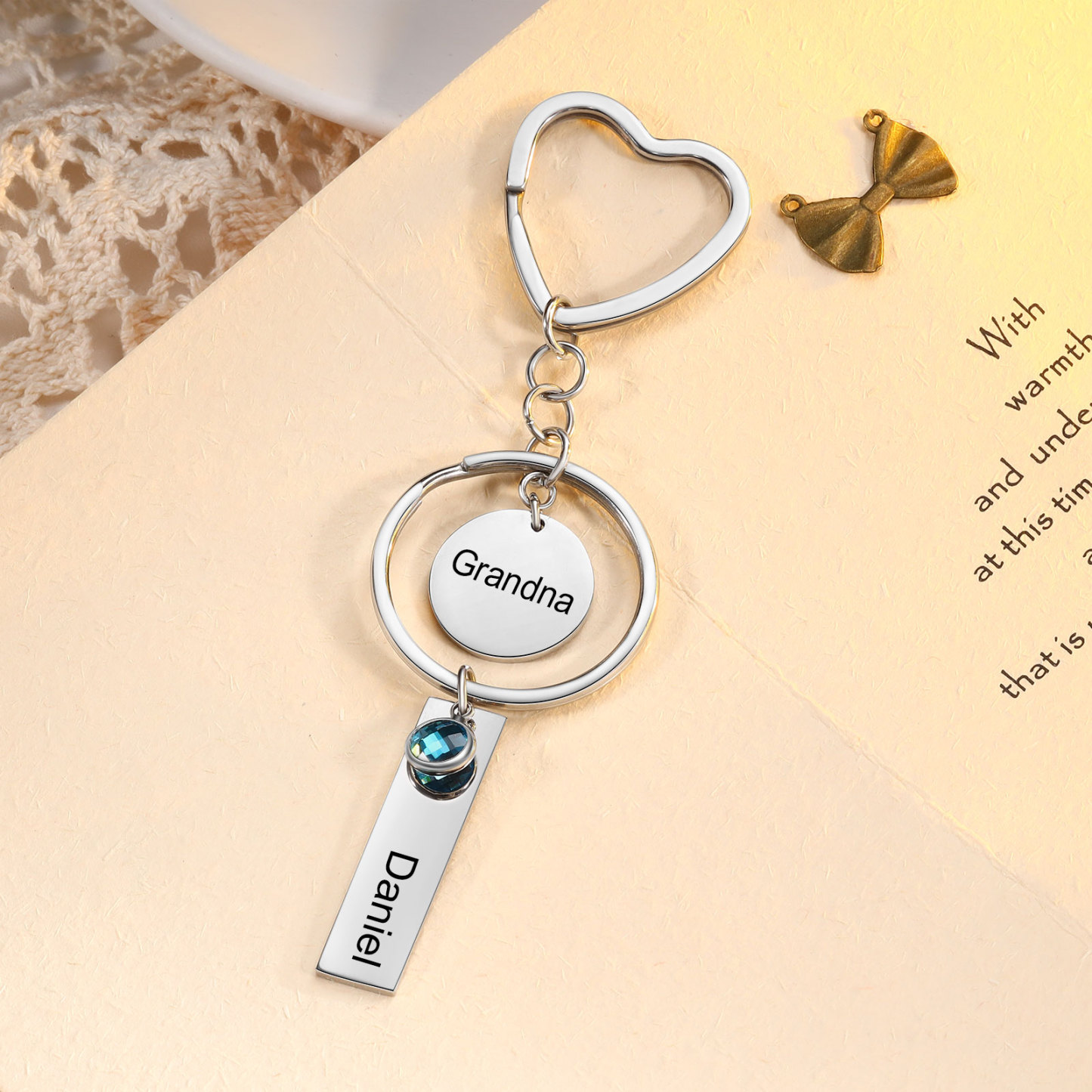 Porte-Clés 1 Prénom et 1 Texte Personnalisés avec Pierres de Naissance