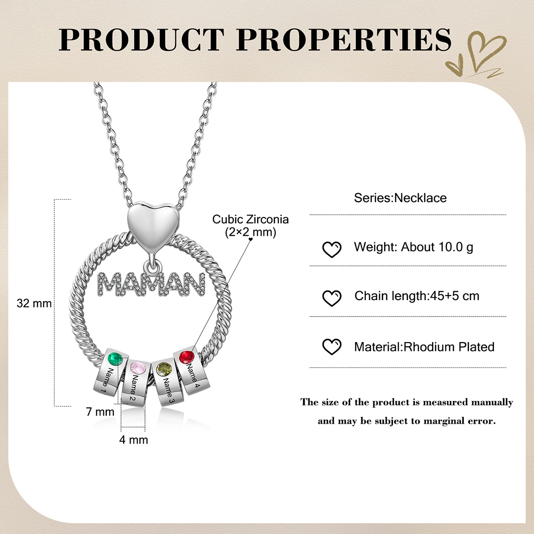 À ma Maman - Collier Pendentif 4 Prénoms Personnalisés avec Pierre de naissance