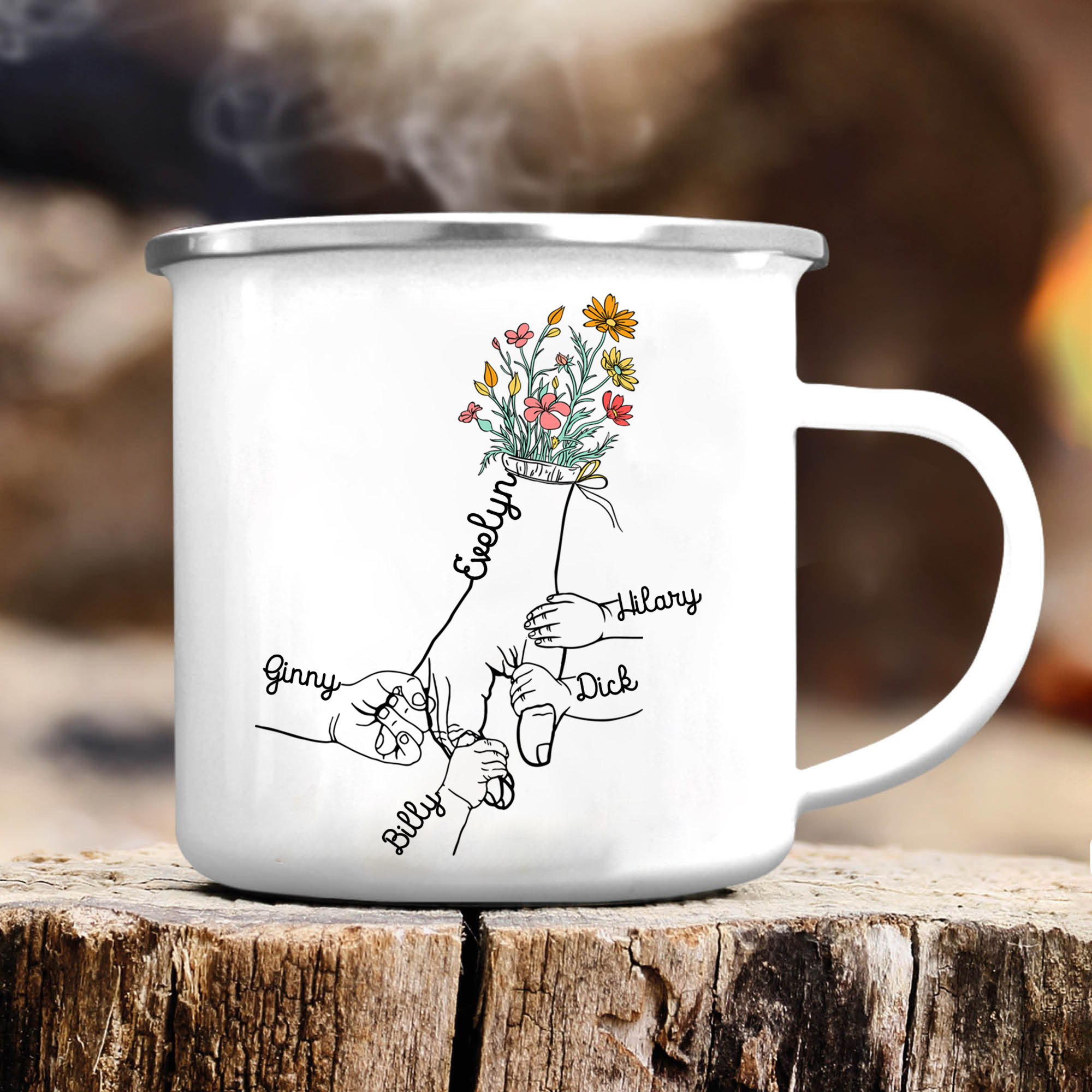 À Maman/Mamie - Tasse émaillée la Main dans la Main 5 Prénoms Personnalisés