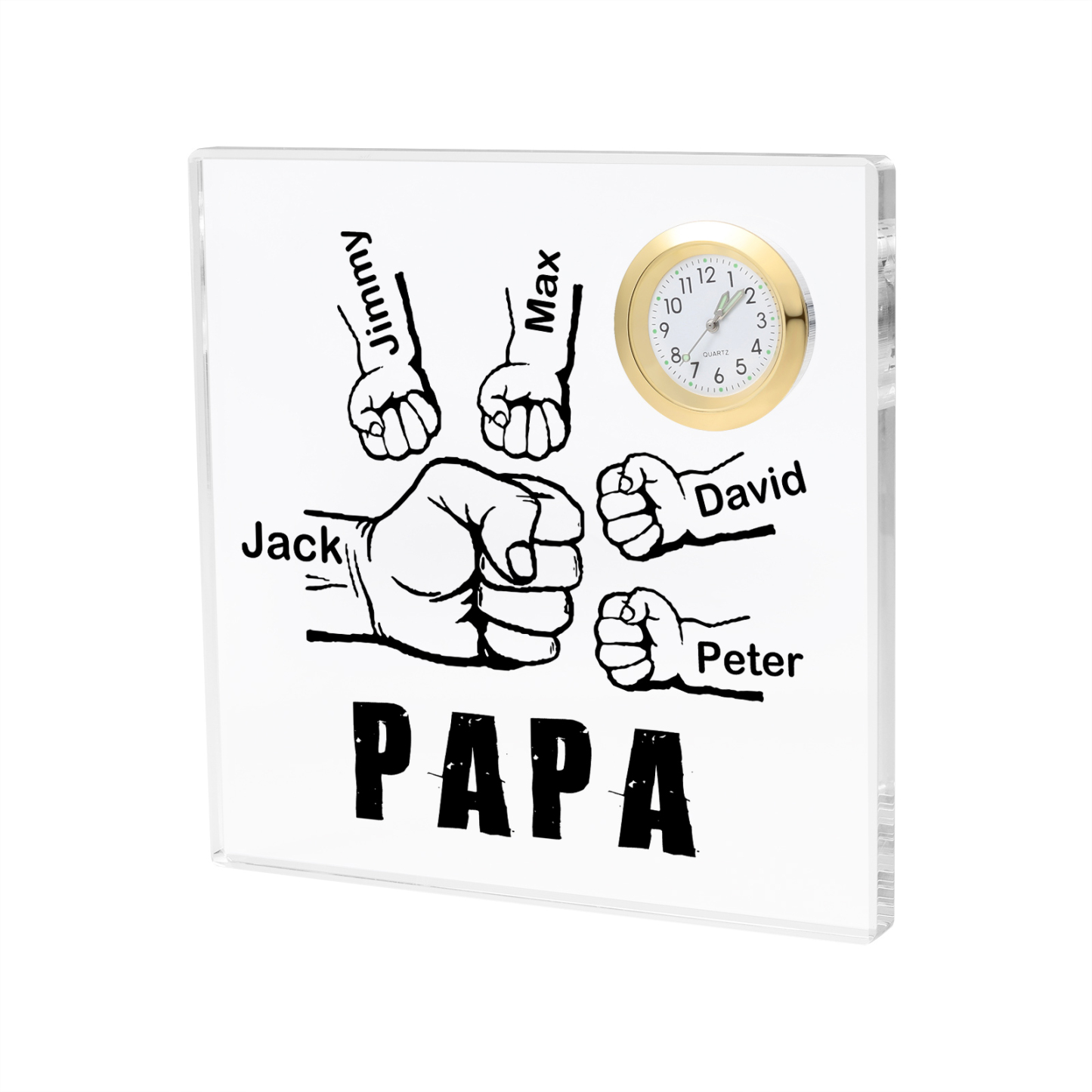 À mon Papa/Papi - Plaque Acrylique Carré avec Horloge Poings 5 Prénoms Personnalisés avec 1 Texte