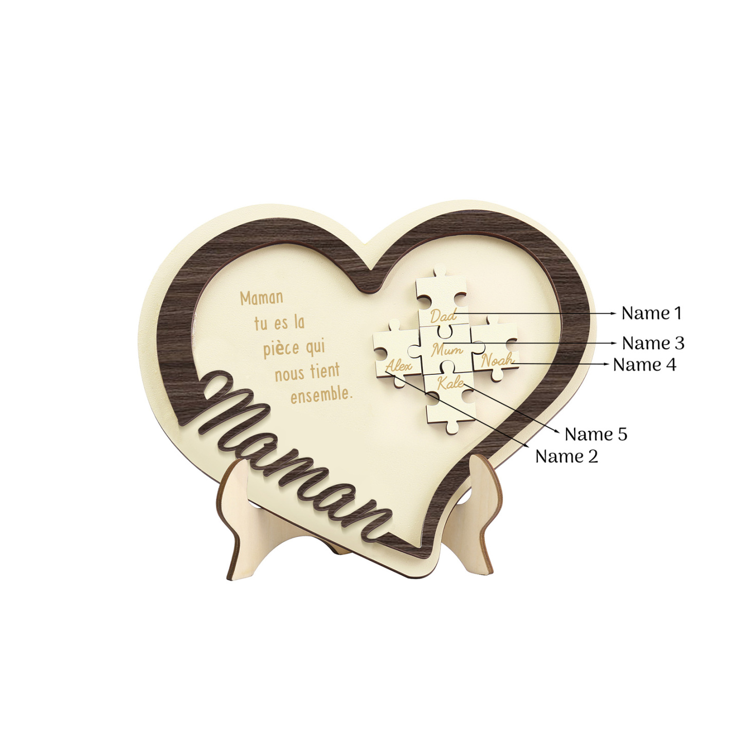 À ma Maman - Décoration en bois Cœur Puzzle 5 Prénoms Personnalisés Ornement pour Famille