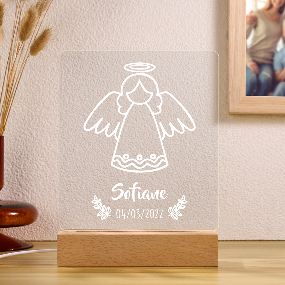 Baptême Lampe de Chevet LED Ange 1 Prénom Personnalisé avec Date