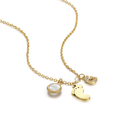 Collier Enfants Bébé Collier Pieds de Bébé 1 Pierre de Naissance et 1 Lettre pour Fille Filleule