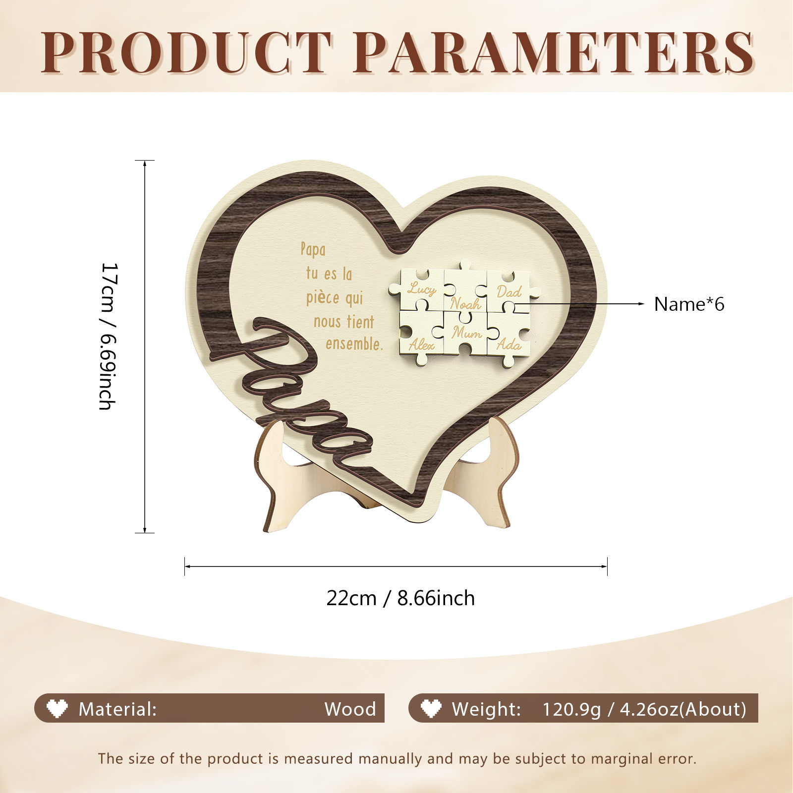 À mon Papa - Décoration en bois Cœur Puzzle 6 Prénoms Personnalisés Ornement pour Famille