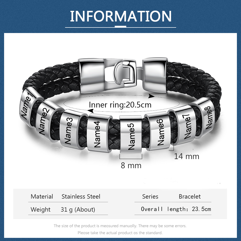 À mon Papa - Bracelet Cuir tressé 8 Perles et Prénoms Personnalisés Bracelet Hommes