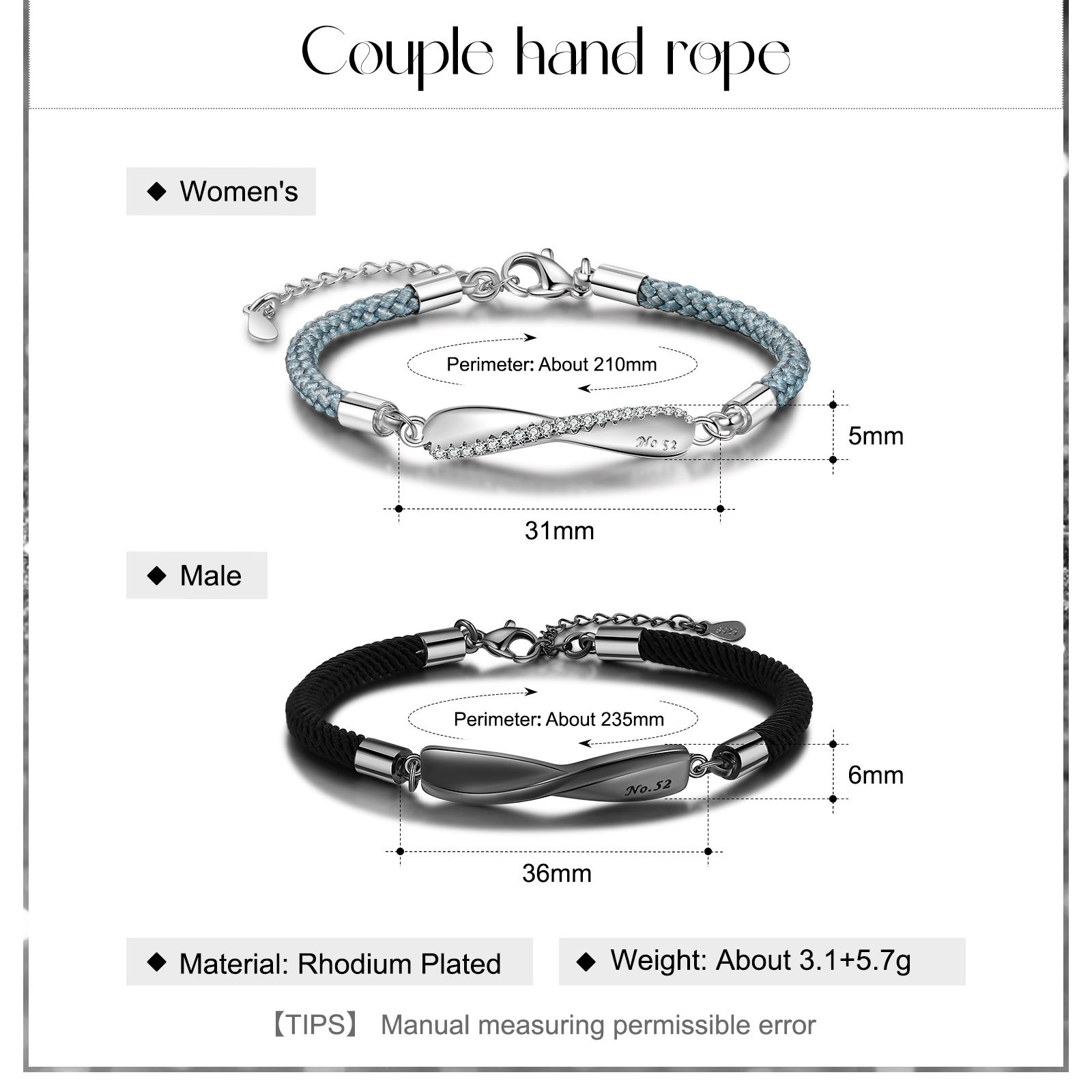 2PCS Bracelet roped 2 Prénoms Personnalisés pour Couple