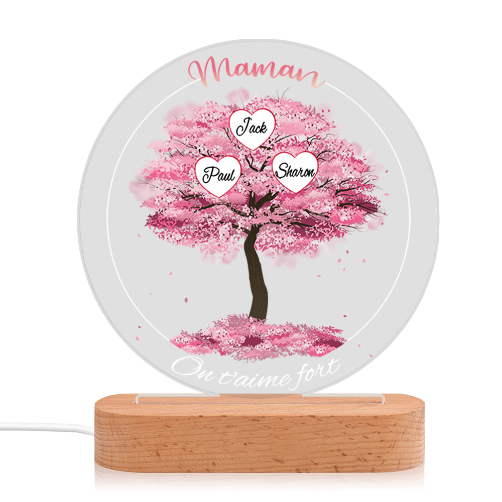 À Maman/Mamie - Lampe de chevet LED Lumières Arbre 3 Prénoms et 2 Textes Personnalisés pour Famille