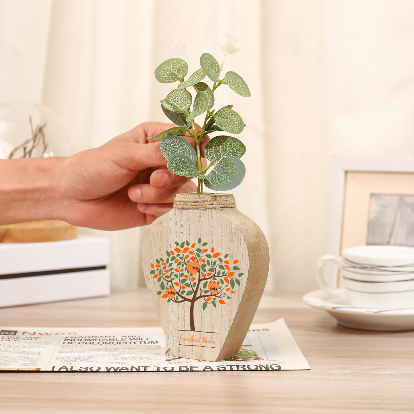 Petit Vase Créatif en Bois Arbre 3 Prénoms Personnalisés avec Texte Décoration de la Maison (sans plantes)
