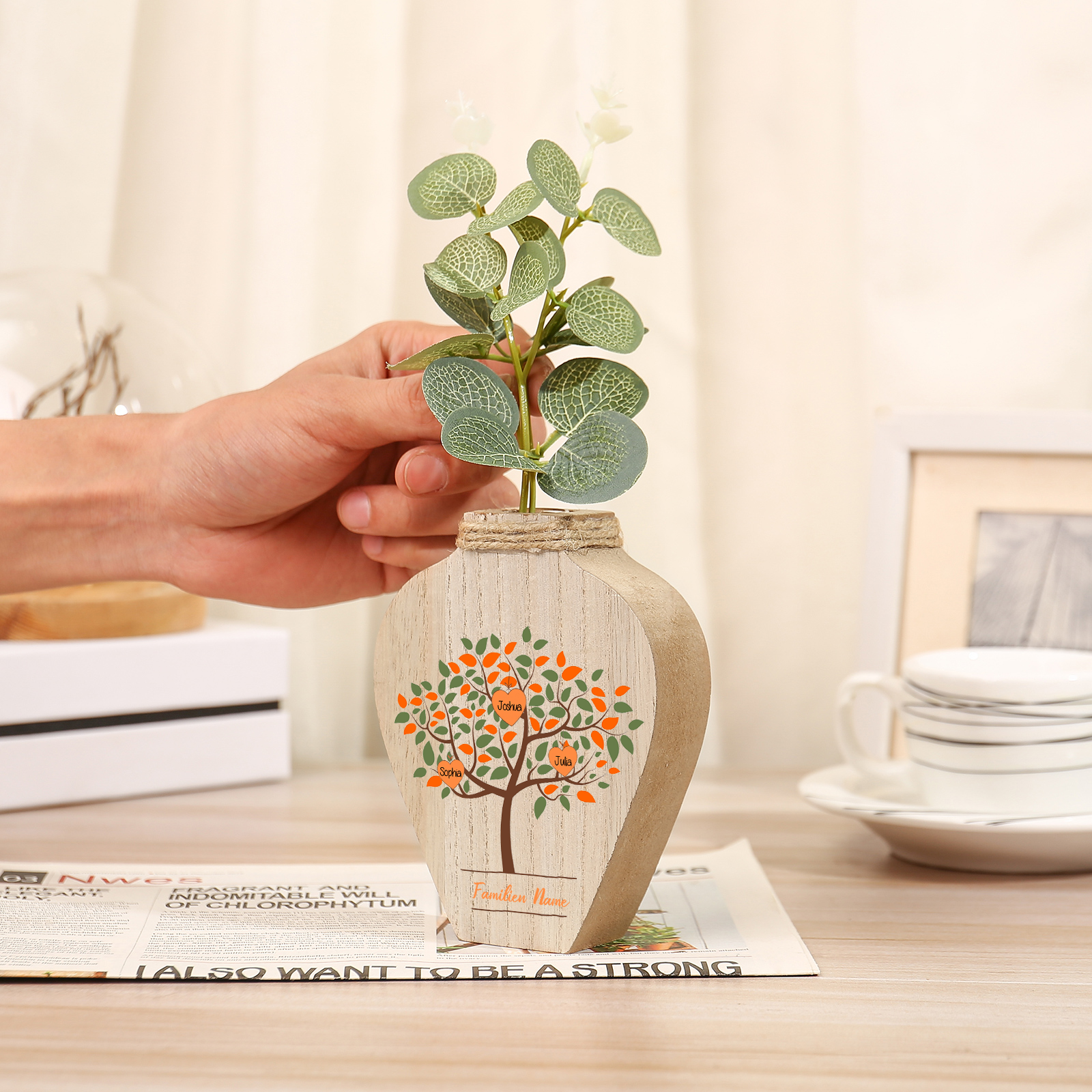 Petit Vase Créatif en Bois Arbre 3 Prénoms Personnalisés avec Texte Décoration de la Maison (sans plantes)