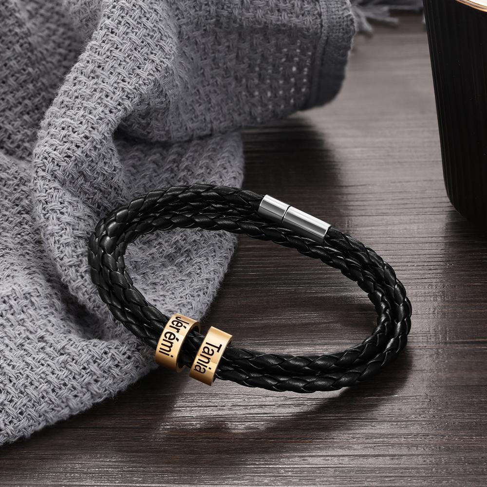 Bracelet Cuir tressé Prénom Personnalisé Bracelet Homme Avec 2 Perles