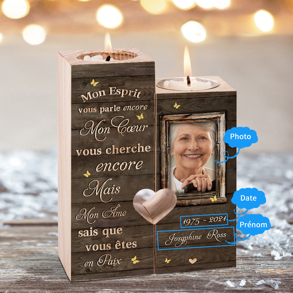 Bougeoir en Bois Commémoratif 1 Prénom et Photo Personnalisé avec Date sans bougie