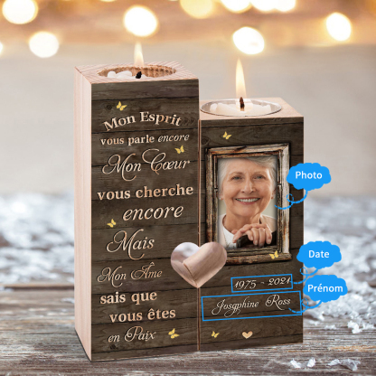 Bougeoir en Bois Commémoratif 1 Prénom et Photo Personnalisé avec Date sans bougie