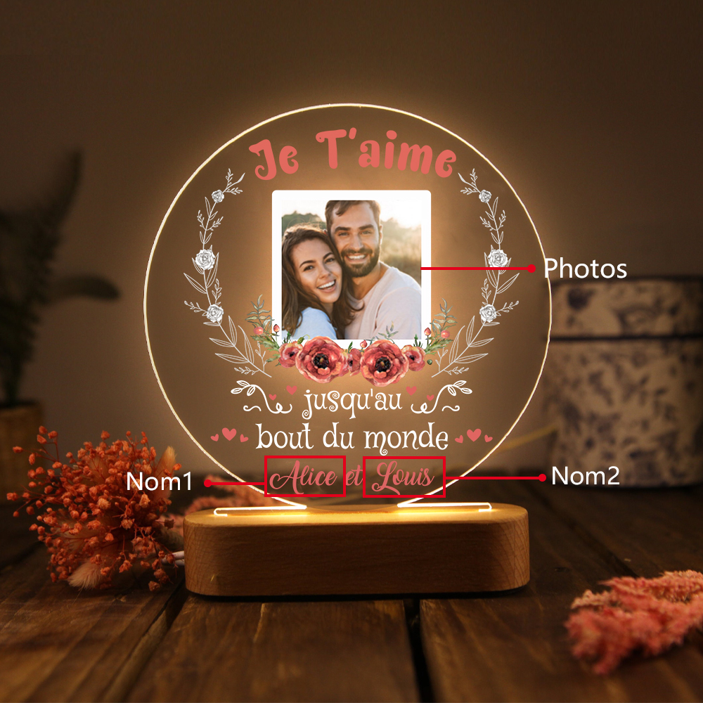 Lampe de chevet Couple LED Lumières 2 Prénoms et 1 Photo Personnalisés