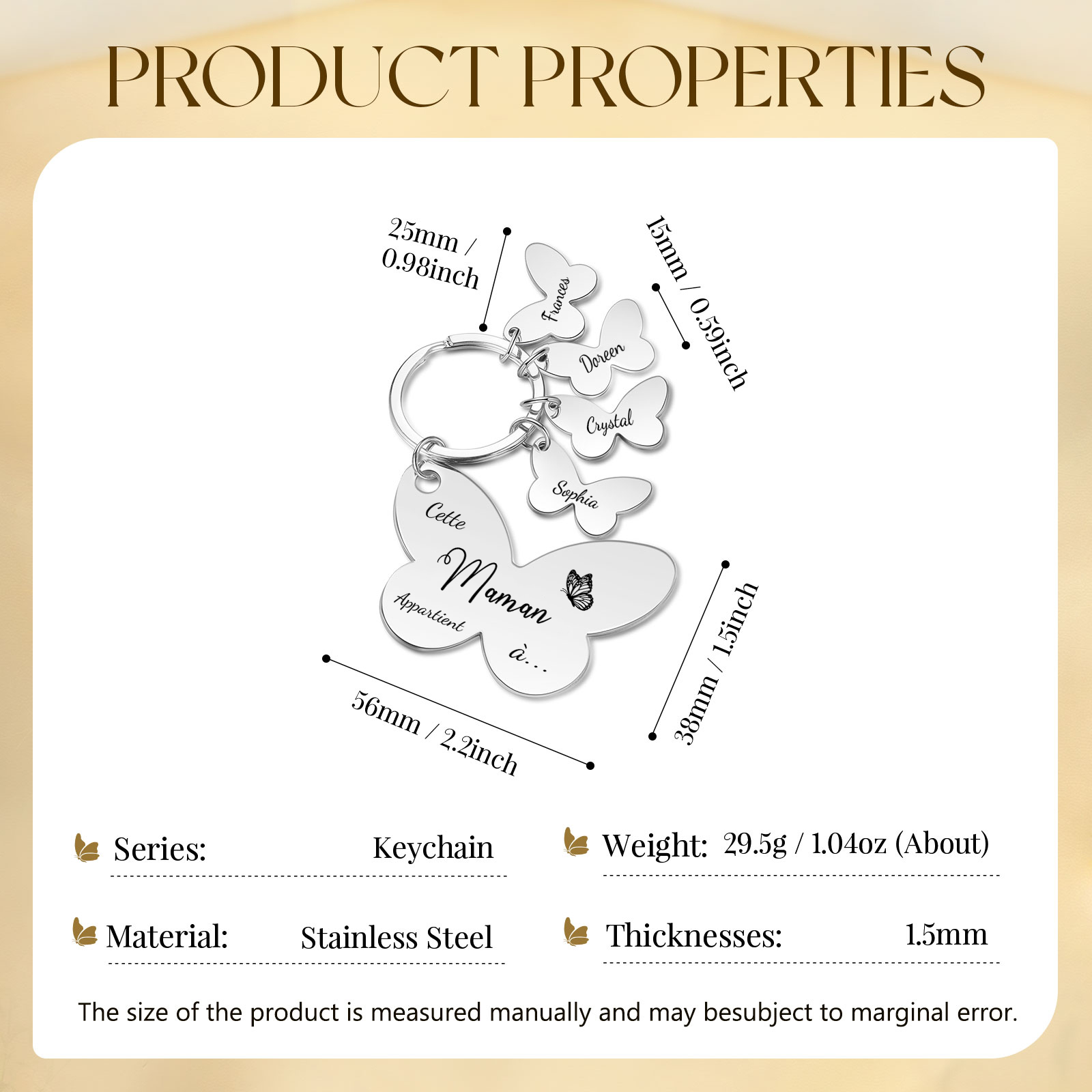 À Maman/Mamie - Porte-Clés Papillon 4 Prénoms Personnalisés avec Texte 