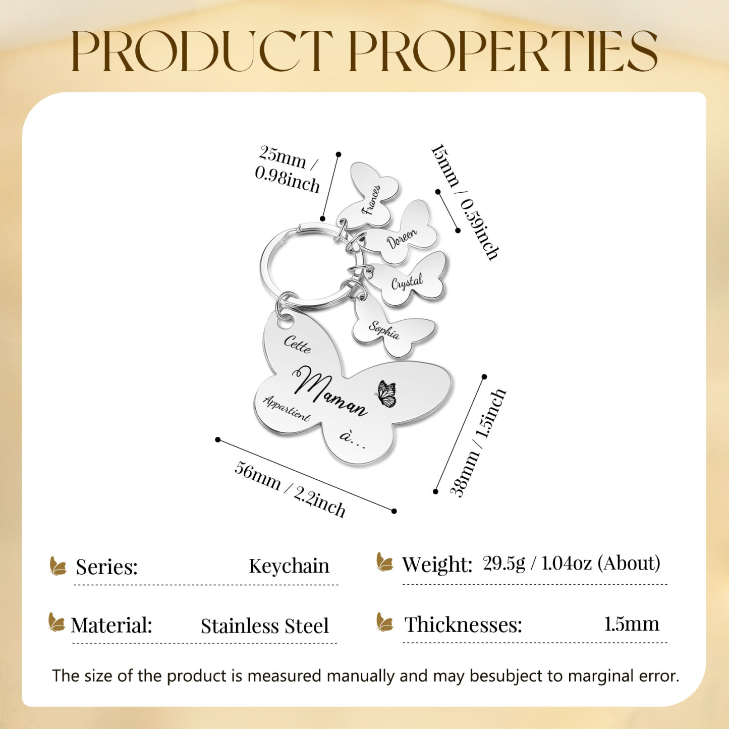 À Maman/Mamie - Porte-Clés Papillon 4 Prénoms Personnalisés avec Texte 