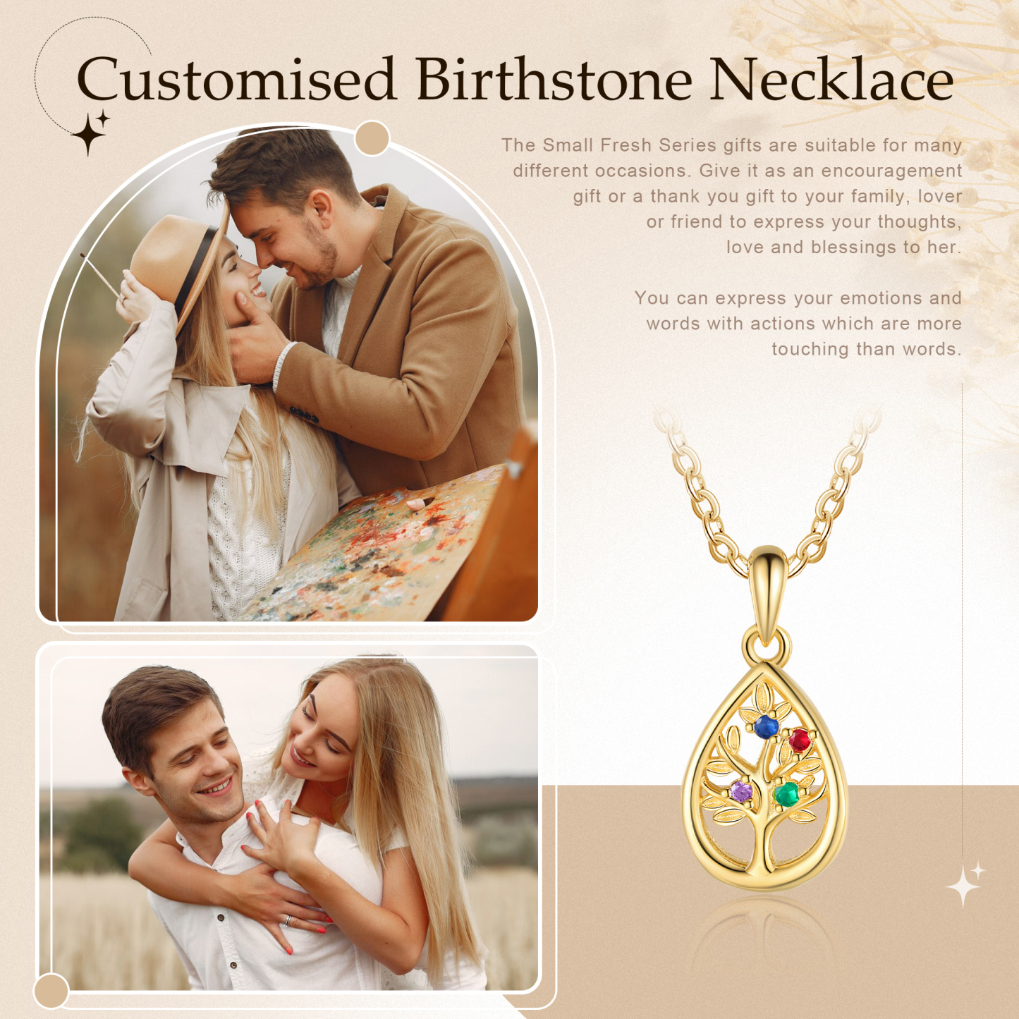 Collier Pendentif Arbre de vie 4 Pierres De Naissance Personnalisés Collier Arbre généalogique