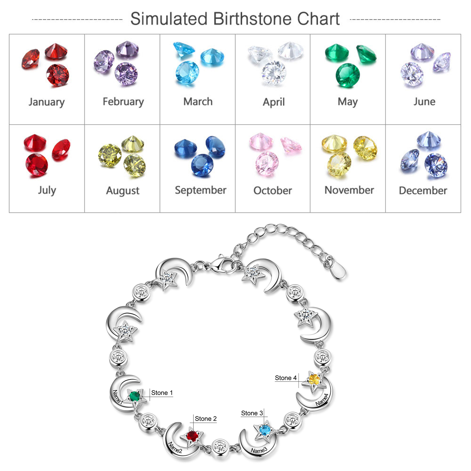 Bracelet Lune 4 Prénom Personnalisé avec 4 Pierre de Naissance