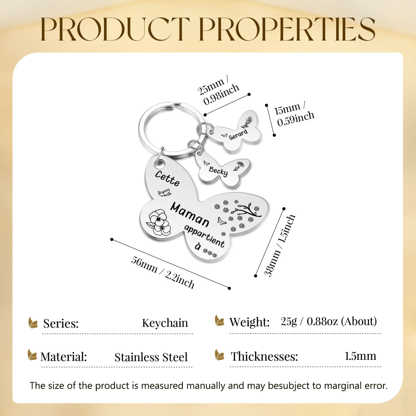 À Maman/Mamie - Porte-Clés Papillon 2 Prénoms et Fleurs de Naissance Personnalisés avec Texte 
