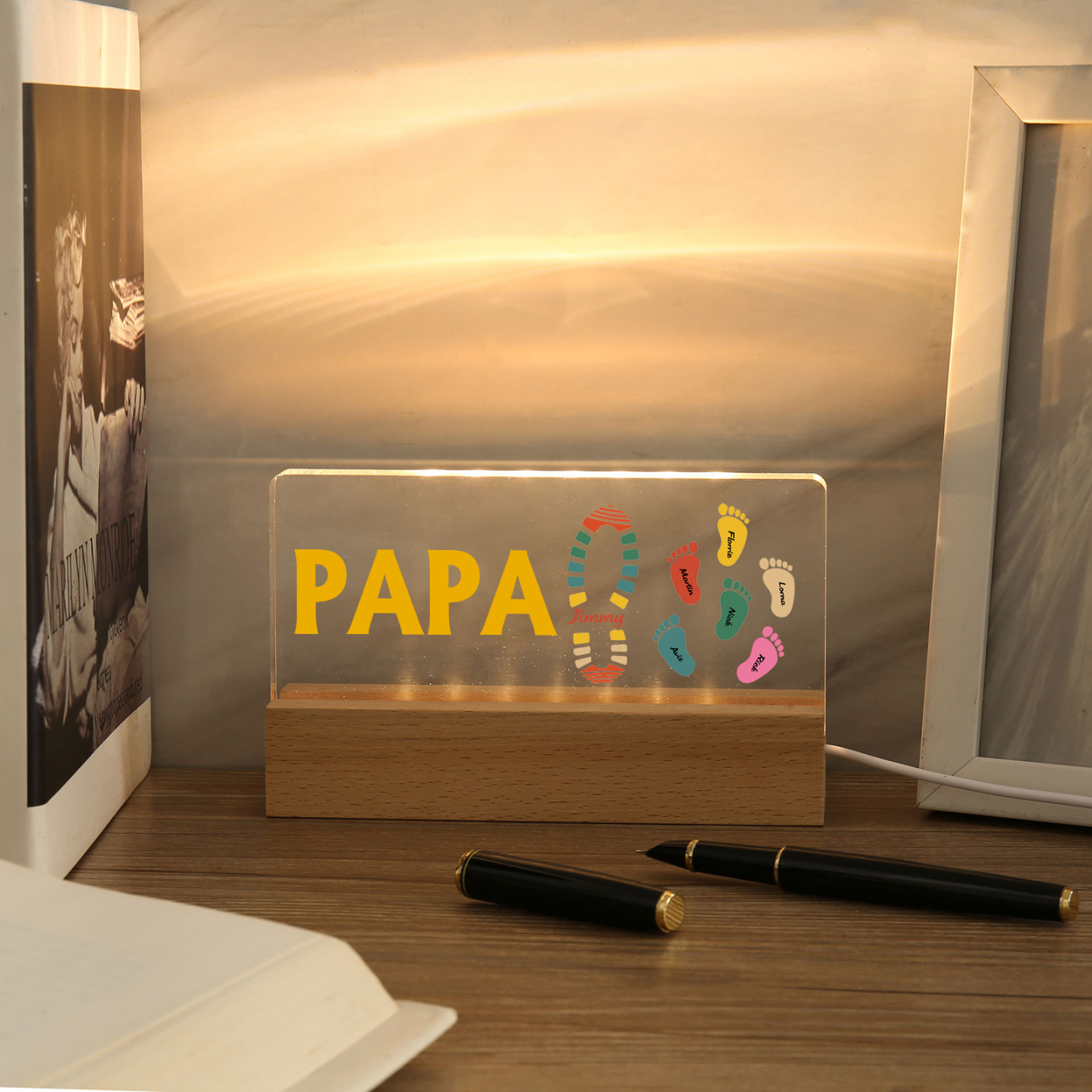 À mon Papa/Papi- Lampe de chevet LED Pieds Bébé 7 Prénoms Personnalisés avec Texte