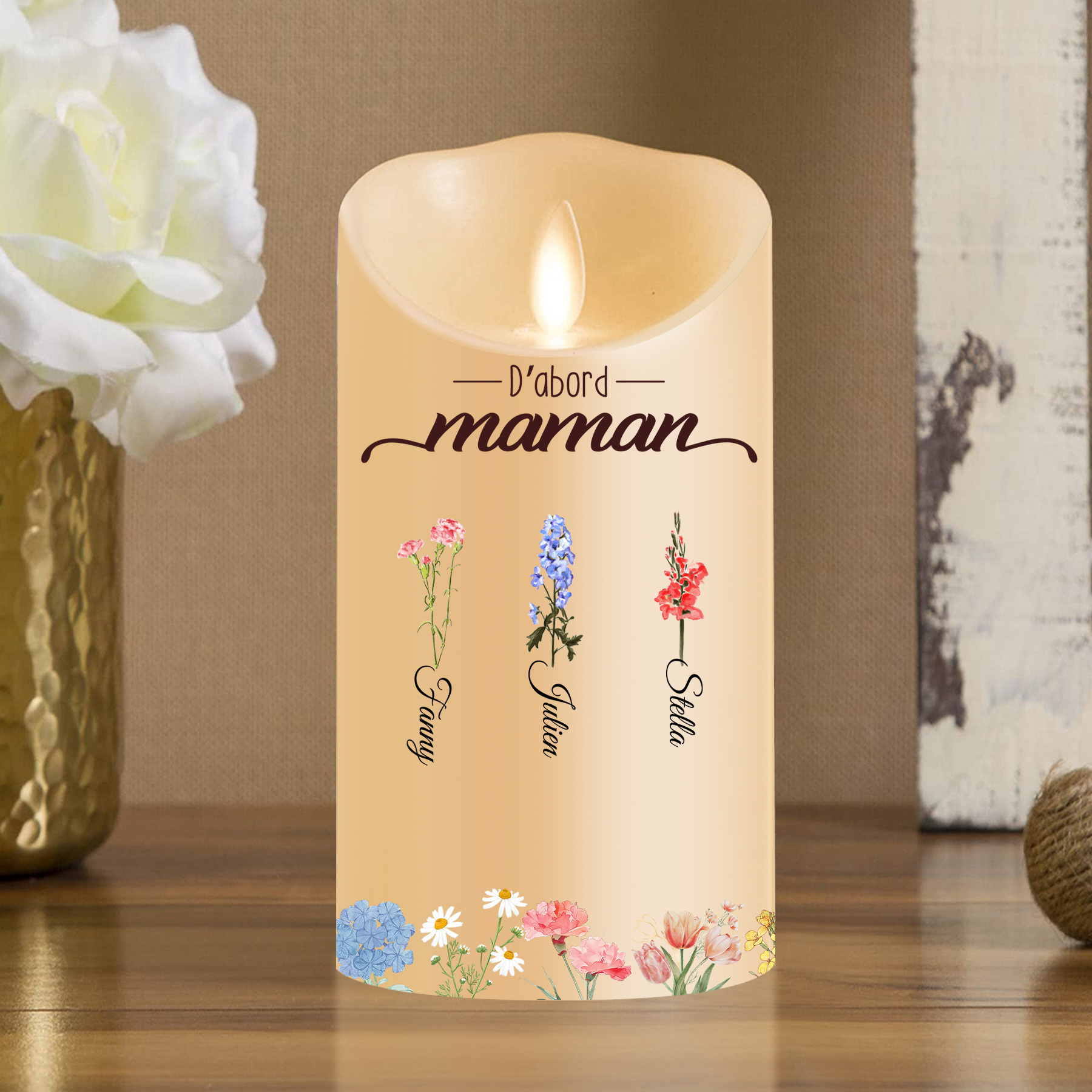 À ma Maman/Mamie-Bougie LED 2-10 Prénoms Personnalisés avec Fleur de Naissance Bougie Électronique | Jessemade
