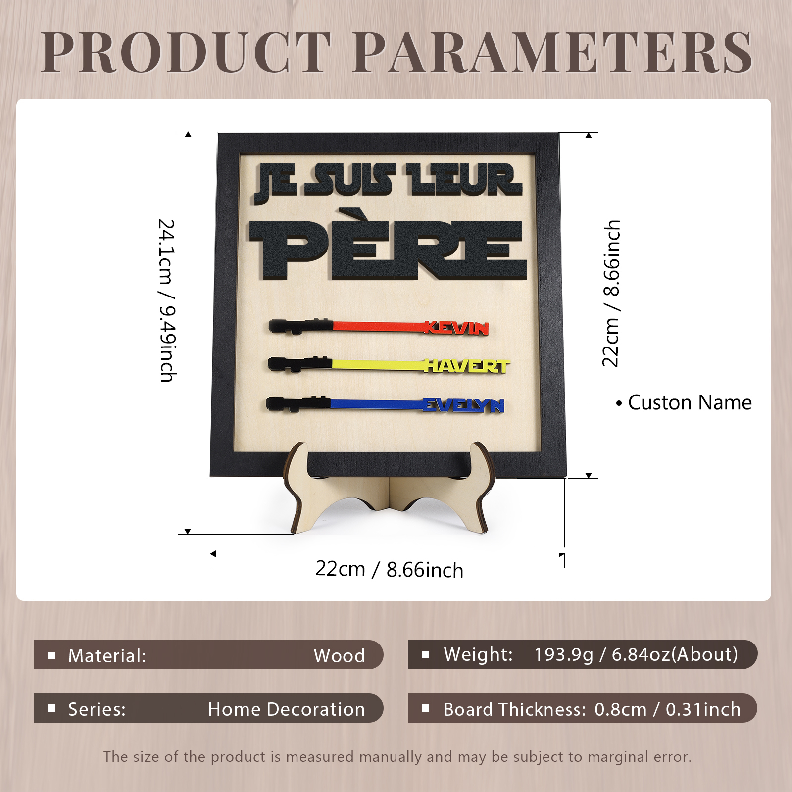 À mon Papa - Décoration en bois 3 Prénoms Personnalisés Ornement pour Père