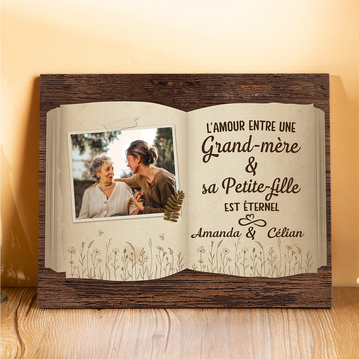 À ma Mamie - Cadre en Bois 2 Prénoms et 1 Photo Personnalisés Cadeau de Petite-fille pour Mamie