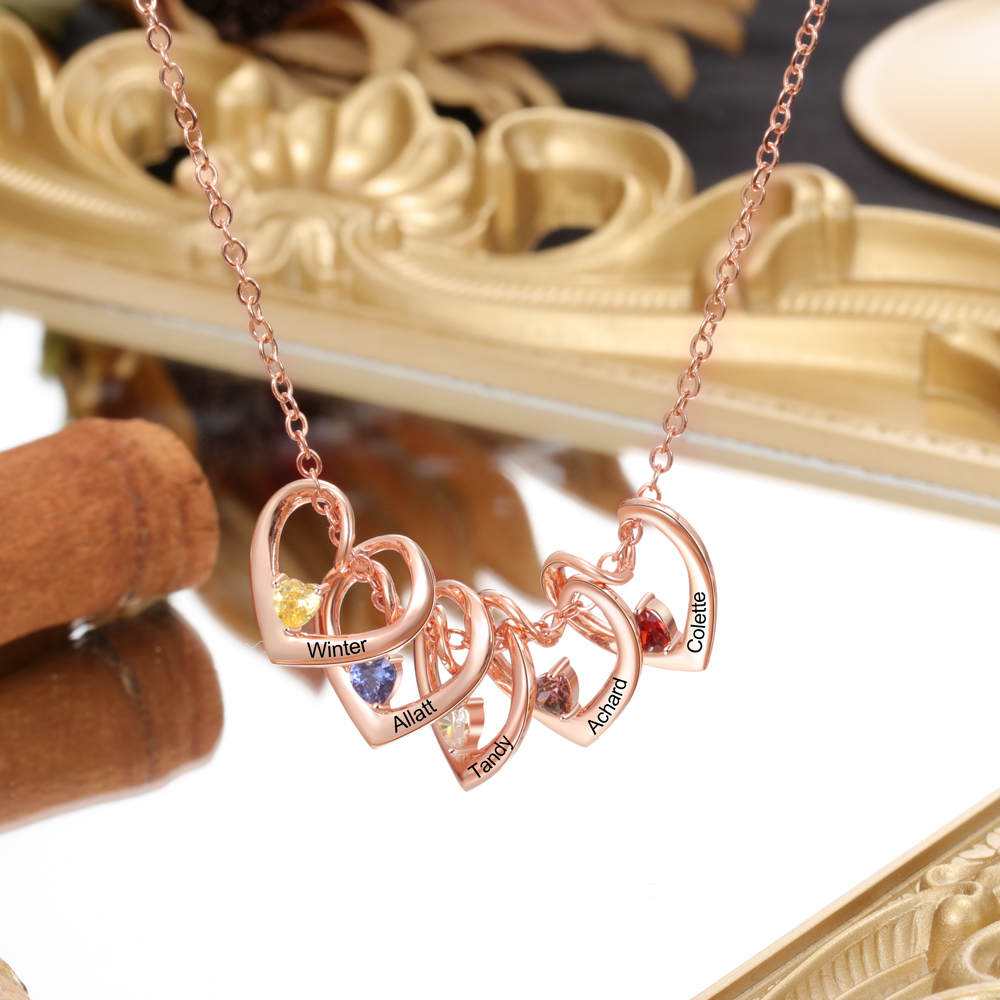 Collier Pendentif Cœur 5 Prénoms Personnalisés avec Pierre de Naissance Collier Femmes | Jessemade
