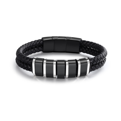 Bracelet Personnalisé en Cuir et Acier Inoxydable Personnalisé avec 5 Prénoms Bracelet Homme | Jessemade
