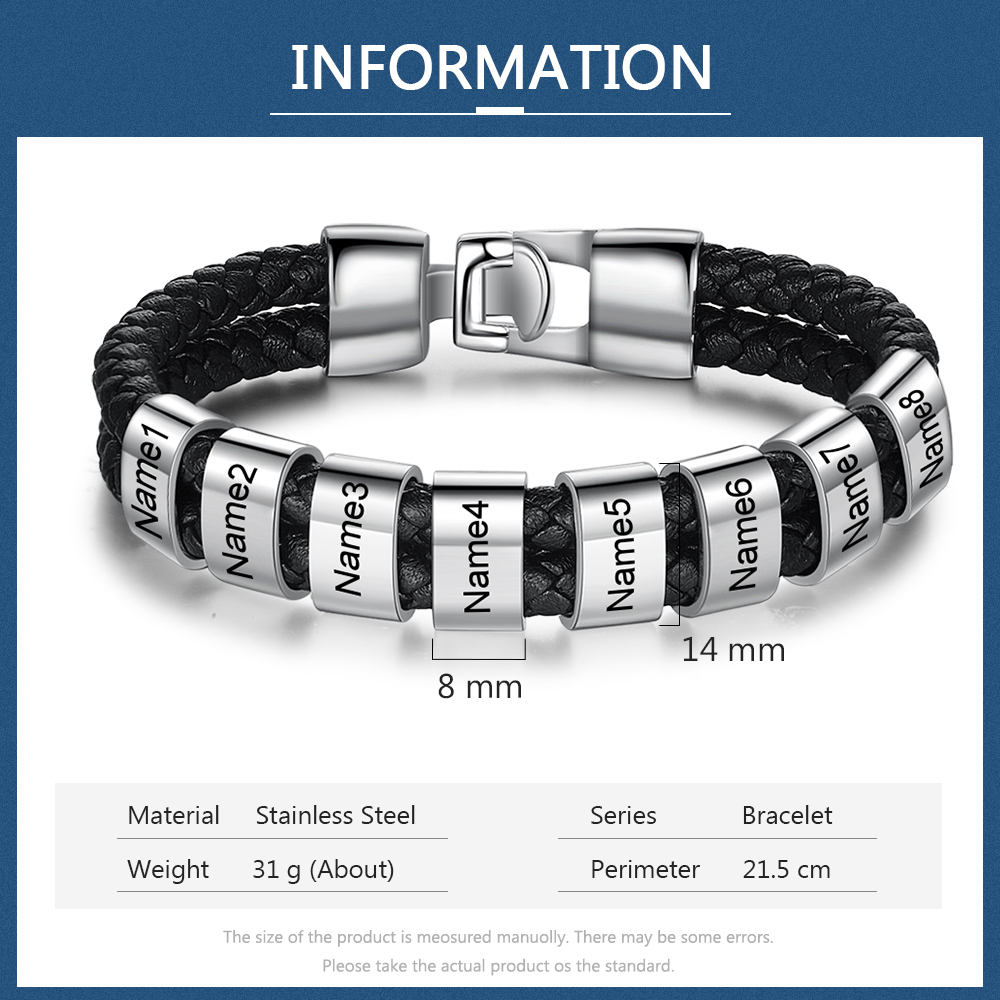 Bracelet Cuir tressé 8 Perles Prénom Personnalisé Homme