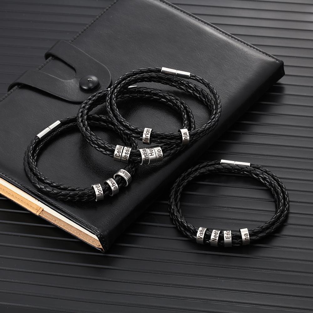 Bracelet en Cuir Tressé Prénom Personnalisé Bracelet Homme Avec 4 Perles