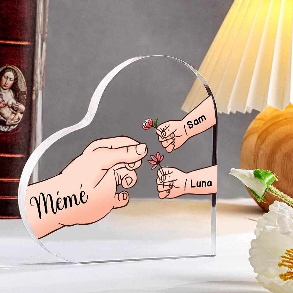 À ma Maman/Mamie - Plaque Acrylique Mains et Enfants en Forme de Cœur 3 Prénoms Personnalisés