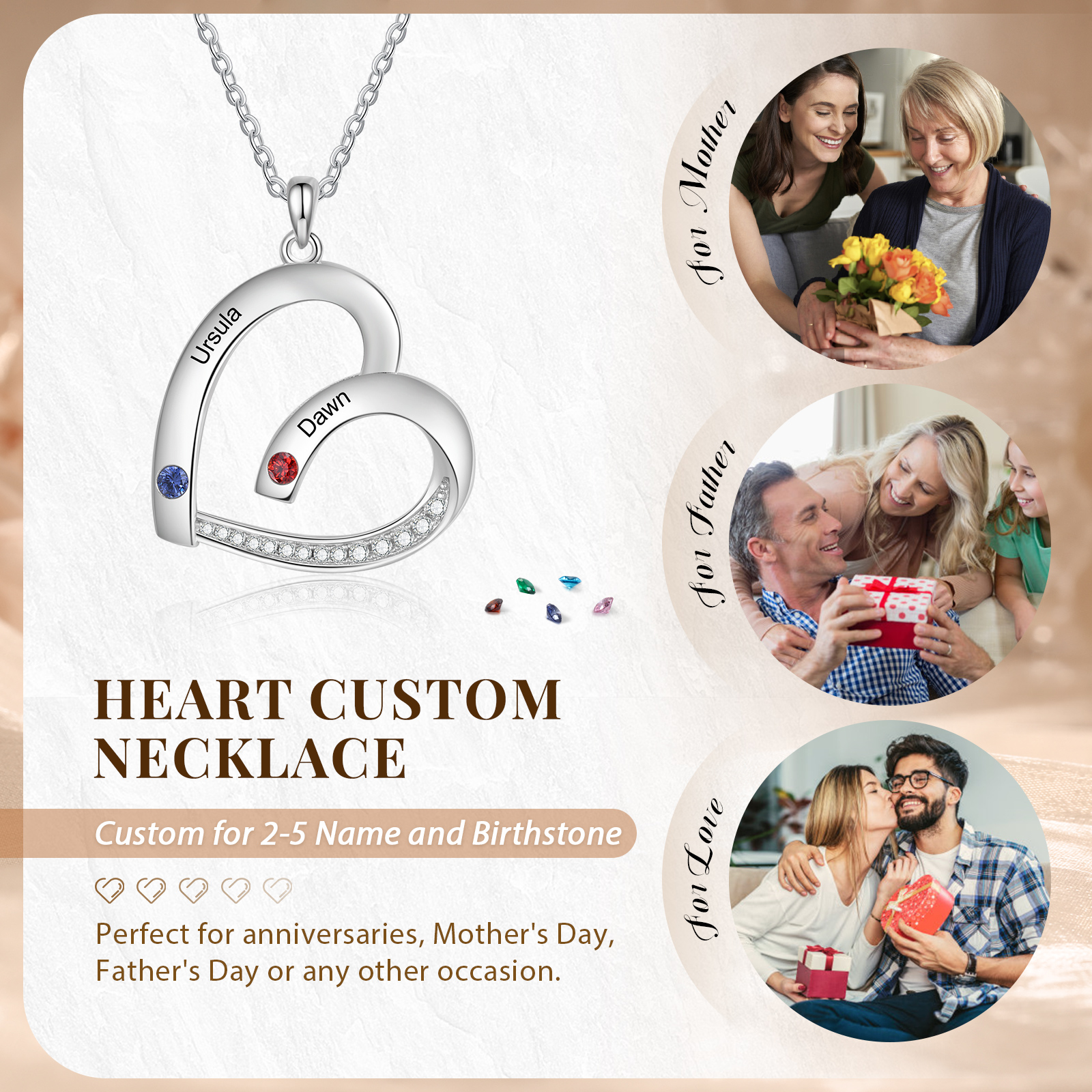 Collier Pendentif Cœur 2 Prénoms Personnalisés avec Pierre de naissance pour Femmes