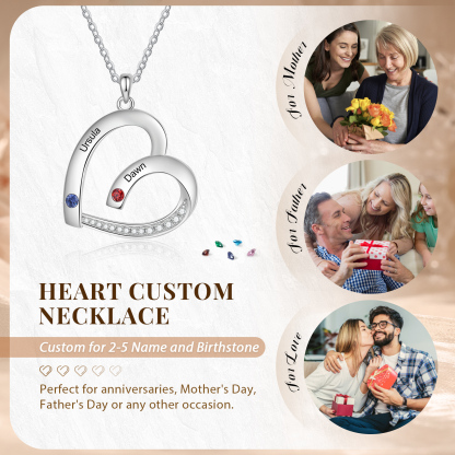 Collier Pendentif Cœur 2 Prénoms Personnalisés avec Pierre de naissance pour Femmes