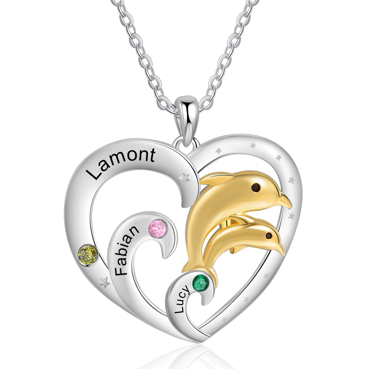 Collier Coeur et Dauphin Pendentif 3 Prénoms Personnalisés avec 3 Pierres de Naissance|Jessemade