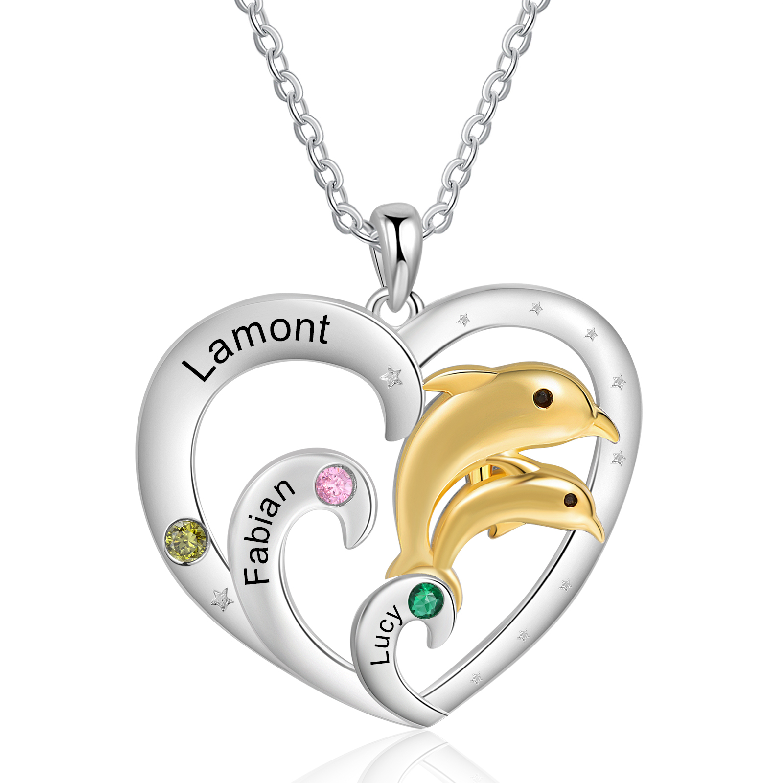 Collier Coeur et Dauphin Pendentif 3 Prénoms Personnalisés avec 3 Pierres de Naissance|Jessemade