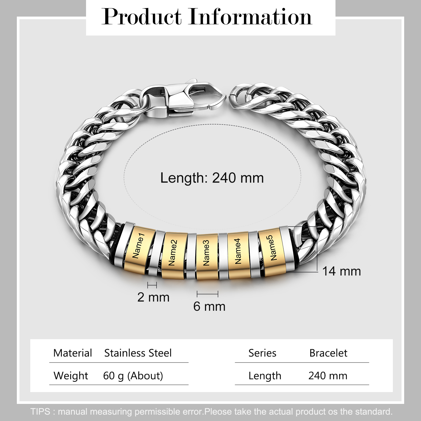 À mon Papa - Bracelet personnalisé en Acier inoxydable avec 5 Prénoms gravés | Jessemade