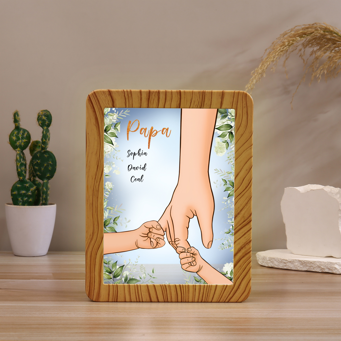 Lampe LED/Cadre Photo/Miroir multifonctionnel la main dans la main 3 Prénoms et 1 Tetxe Personnalisés Cadeau Créatif pour Famille