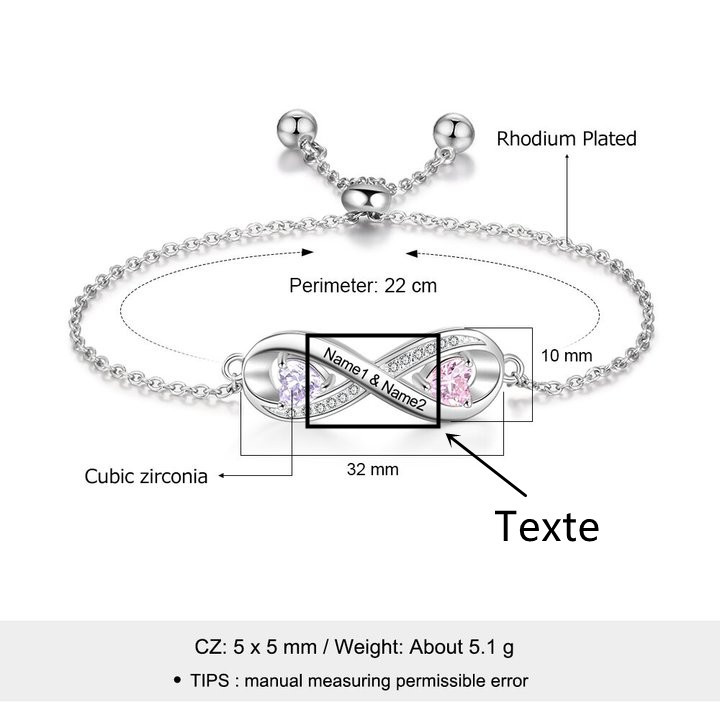 Bracelet à Breloque Infini Prénom Personnalisé avec 2 Pierre de Naissance