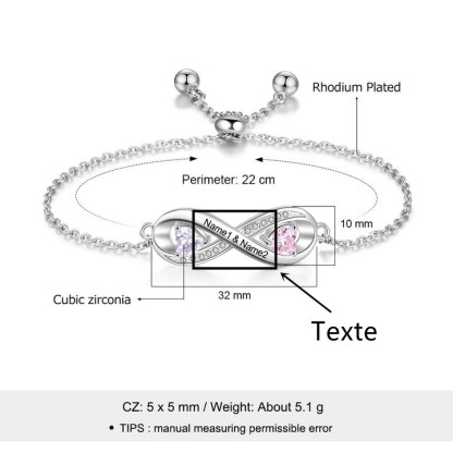 Bracelet à Breloque Infini Prénom Personnalisé avec 2 Pierre de Naissance